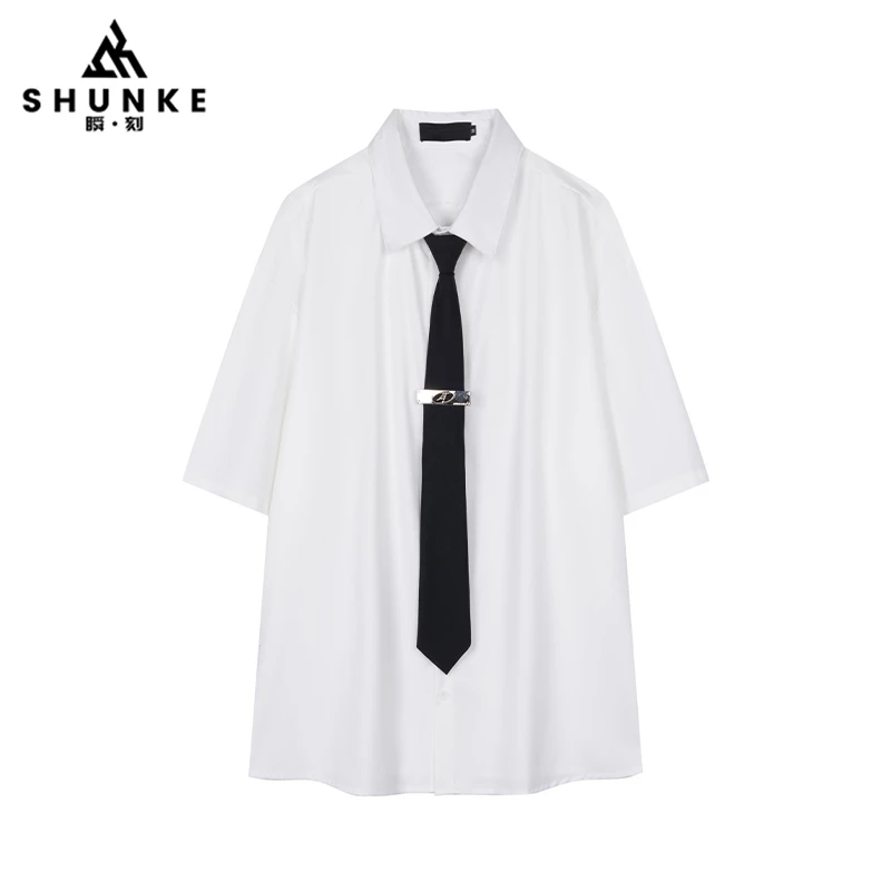 ShunKe瞬刻 时尚百搭流行宽松男女款学院风金属扣领带纯色衬衫