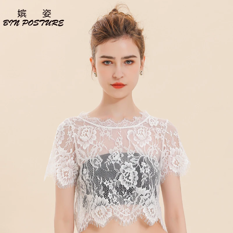半截蕾丝打底衫女内搭透视性感防走光抹胸短袖半身上衣夏薄款罩衫
