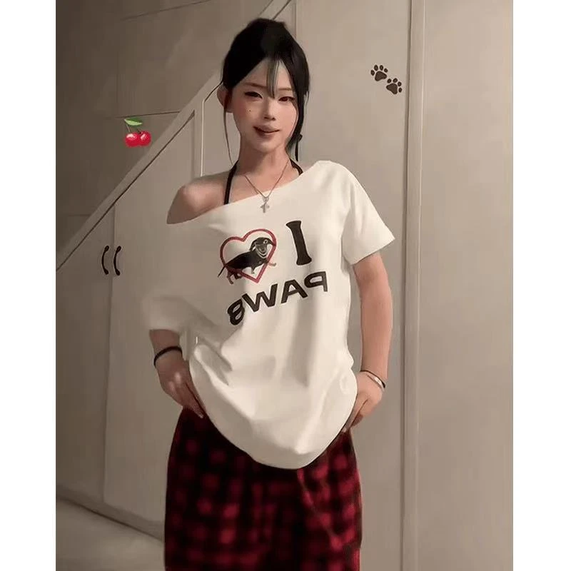 复古小众美式腊肠狗印花短袖男女情侣T恤辣妹斜肩一字肩夏季上衣