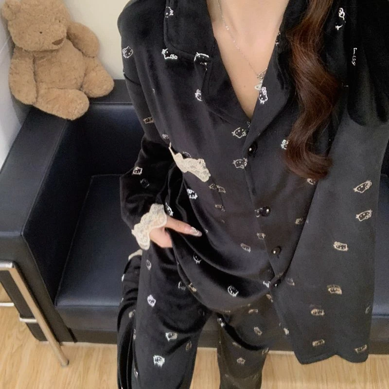 韩版kt猫咪海岛绒保暖睡衣女春秋冬季柔软加厚毛绒甜美加绒家居服