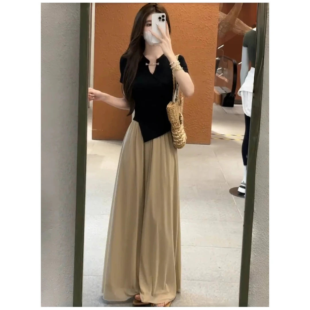 新中式一整套穿搭2025夏季新款不规则短袖上衣阔腿裤气质套装女