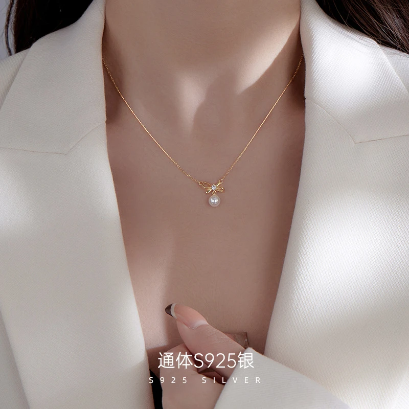 坠链均925银 S925银蝴蝶结吊坠项链女小众高级感七夕节礼物送女友