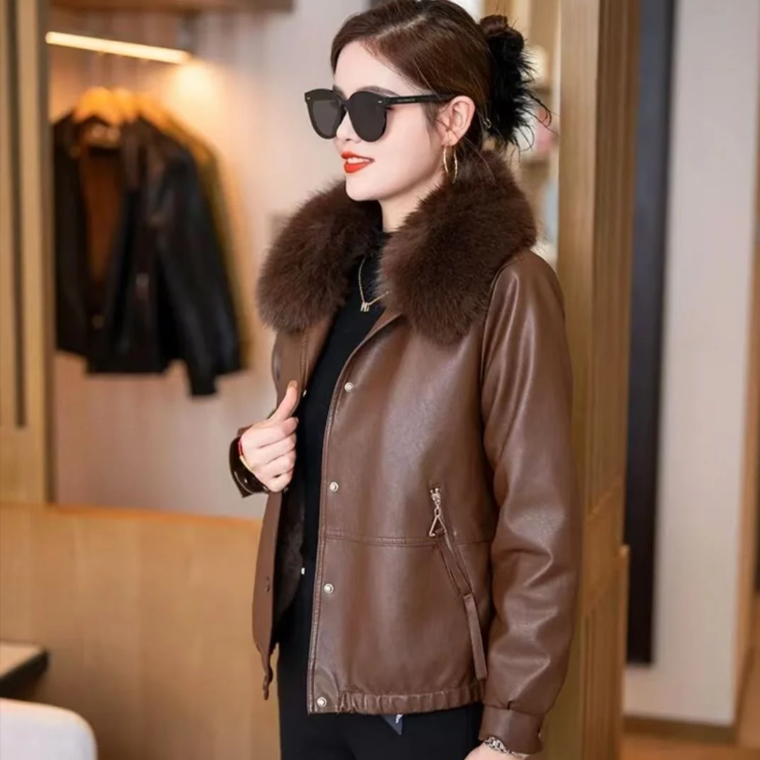 海宁貉子毛领皮衣女短款韩版显瘦保暖大码6012