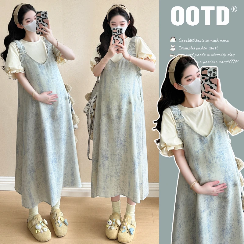 孕妇连衣裙夏装短袖上衣2025新款背带裙夏季薄款扎染宽松韩版夏天