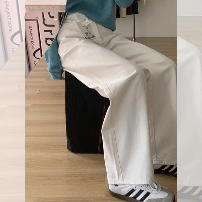 拉夏贝尔时尚高腰阔腿牛仔裤女白色春季新款小个子宽松显瘦直筒裤