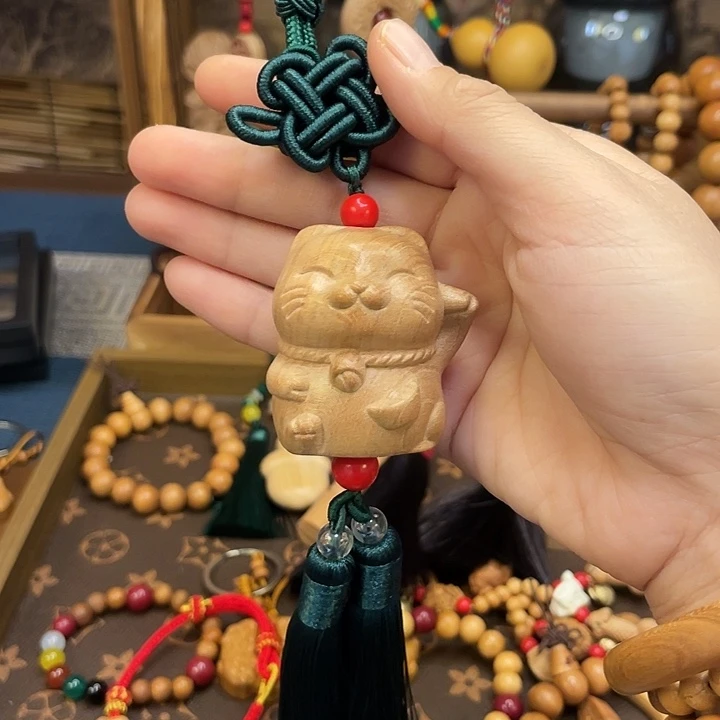 木泰山天然桃木招财猫挂件饰品
