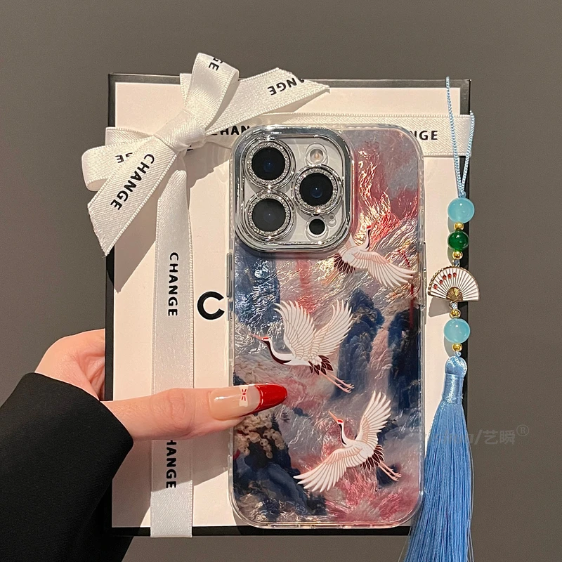 艺术山峰喜鹊仙鹤适用苹果16ProMax手机壳中国风新款iPhone15pro