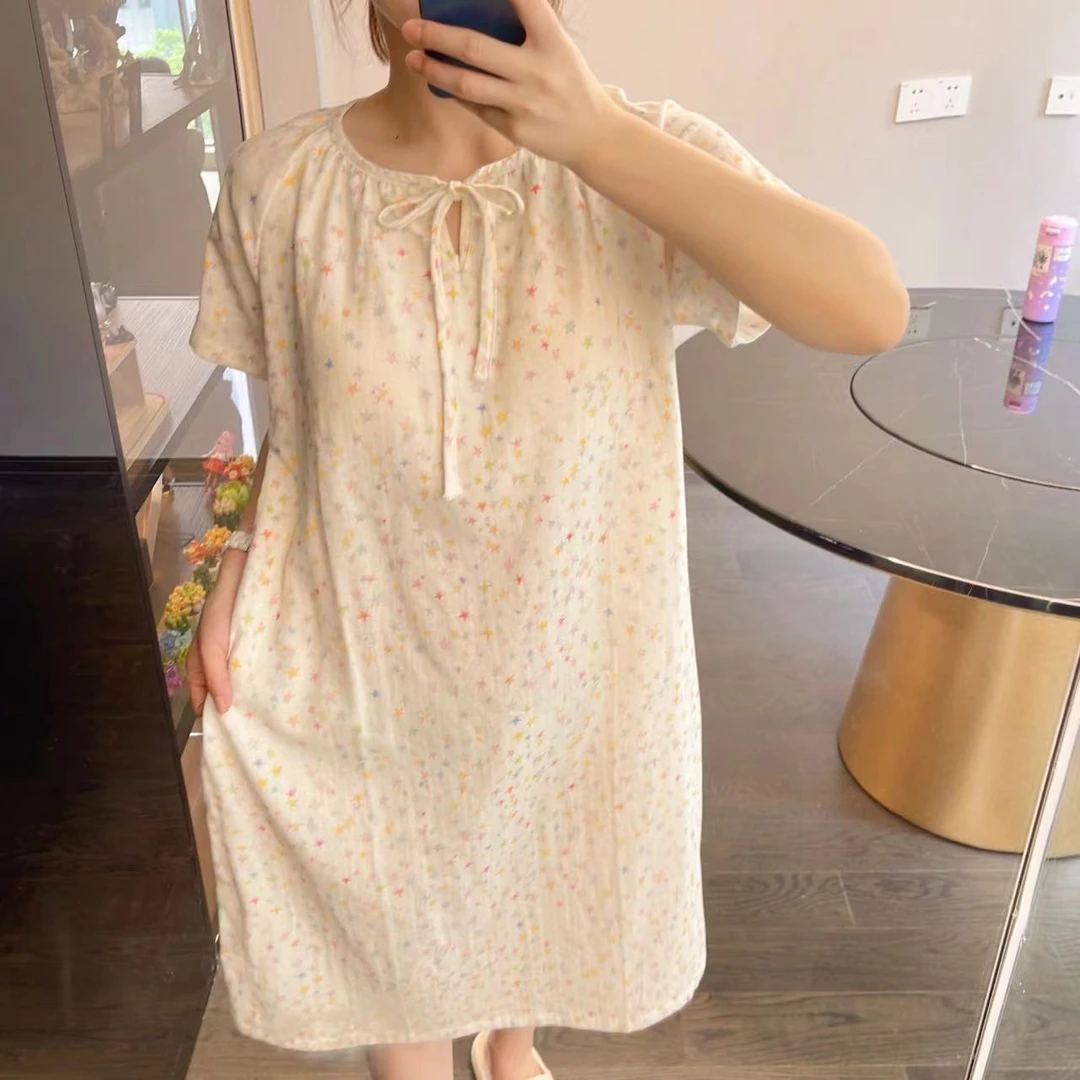 禾昊嘉仪【胸垫版系带睡裙】春夏纯棉精梳棉双层纱睡衣居家服舒适