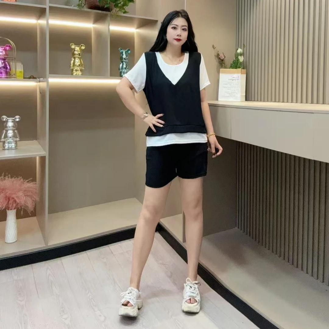 夏季套装-双 7076时尚糖果色系休闲减龄显瘦款胖MM大码女装新款