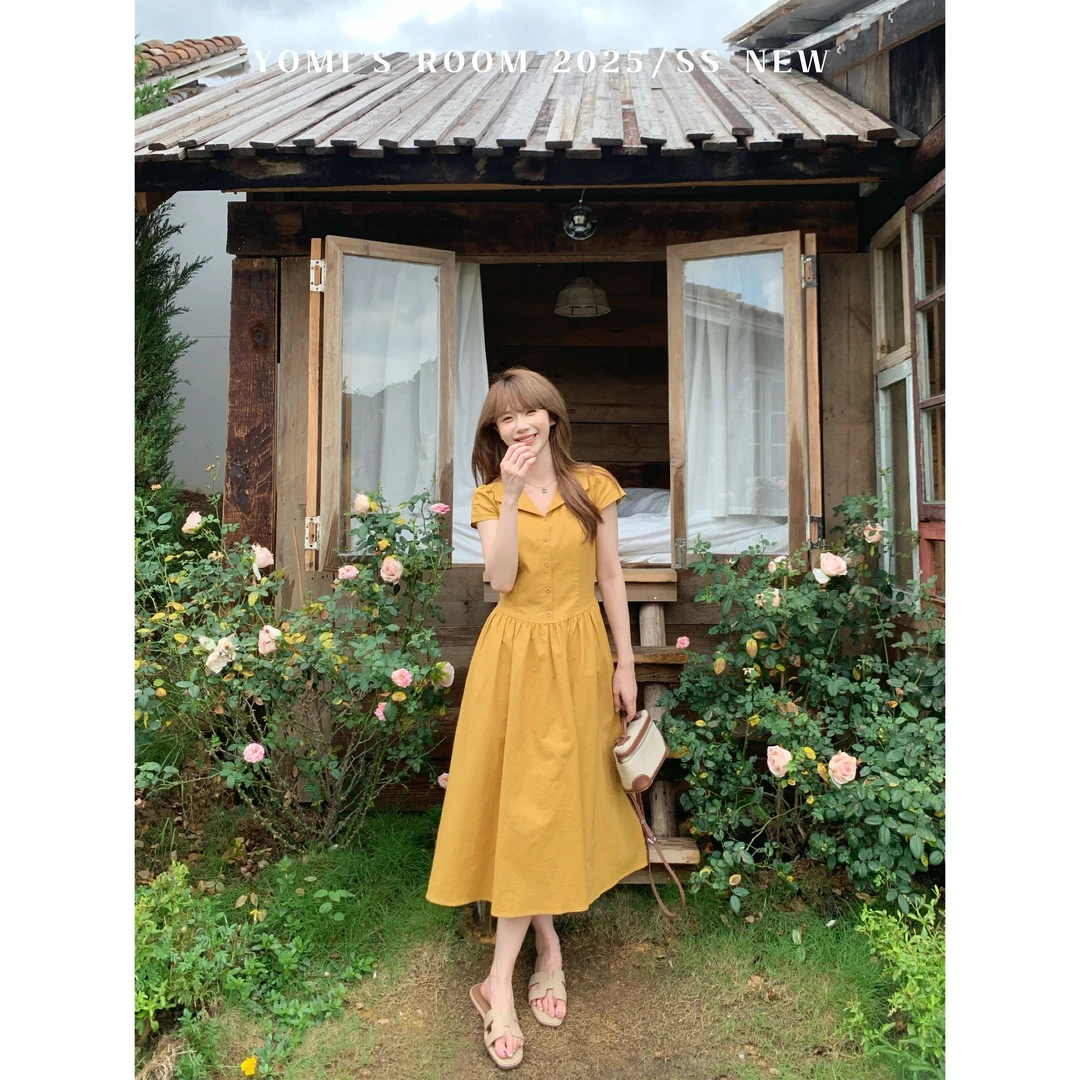 【现货】YOMI小个子【风琴美学】V领亚麻收腰夏季显瘦连衣裙显白修身