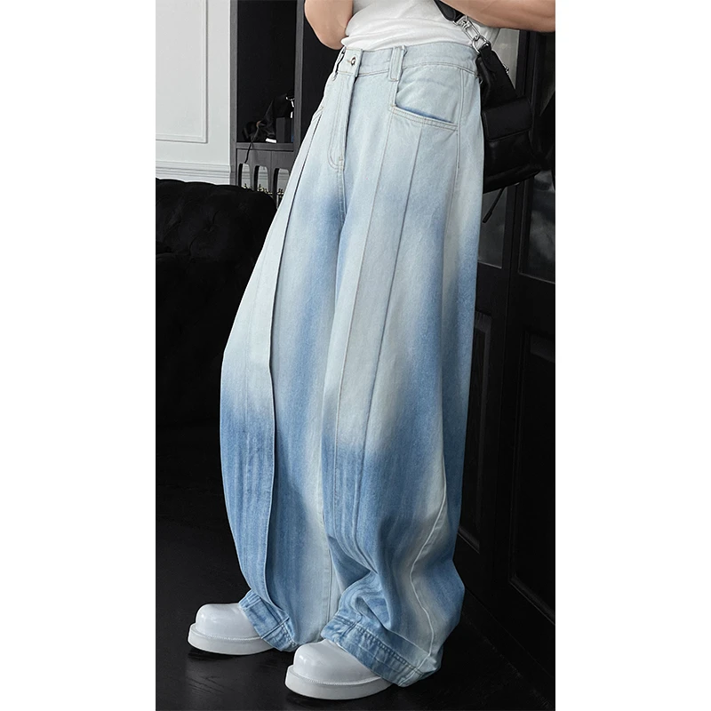 龙叨叨春夏新款原创设计款复古水洗牛仔裤男美式休闲宽松阔腿长裤
