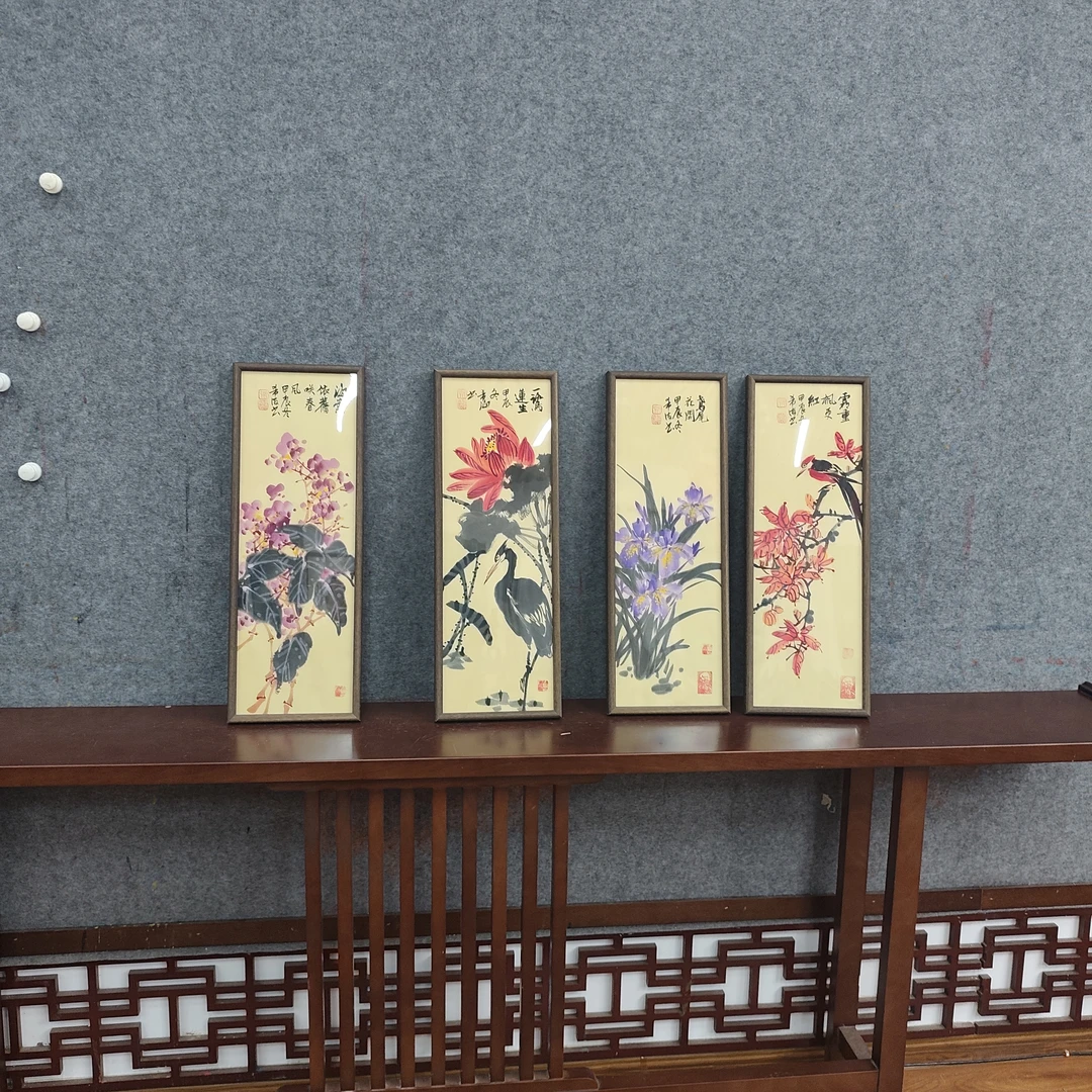 四条屏花鸟画带框