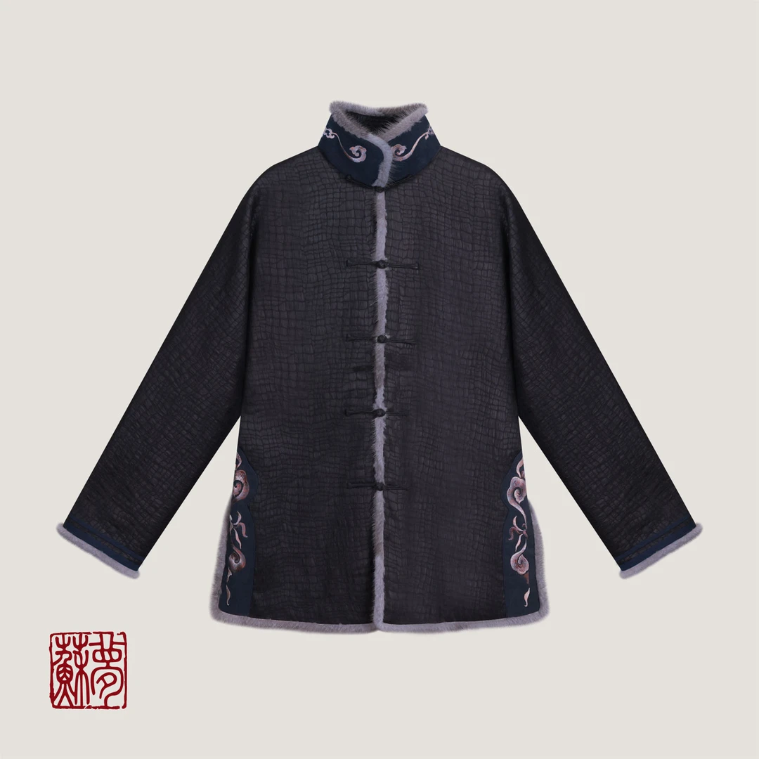 蘇夢【观雲】香云纱手绣毛条对襟棉衣0105365