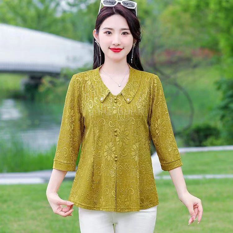 时尚妈妈装夏季新款大码宽松洋气薄款韩版娃娃领气质显瘦长袖中年