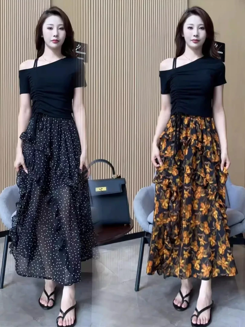 时尚连衣裙套装女2025夏季新款洋气斜肩设计短袖T恤碎花半身裙潮