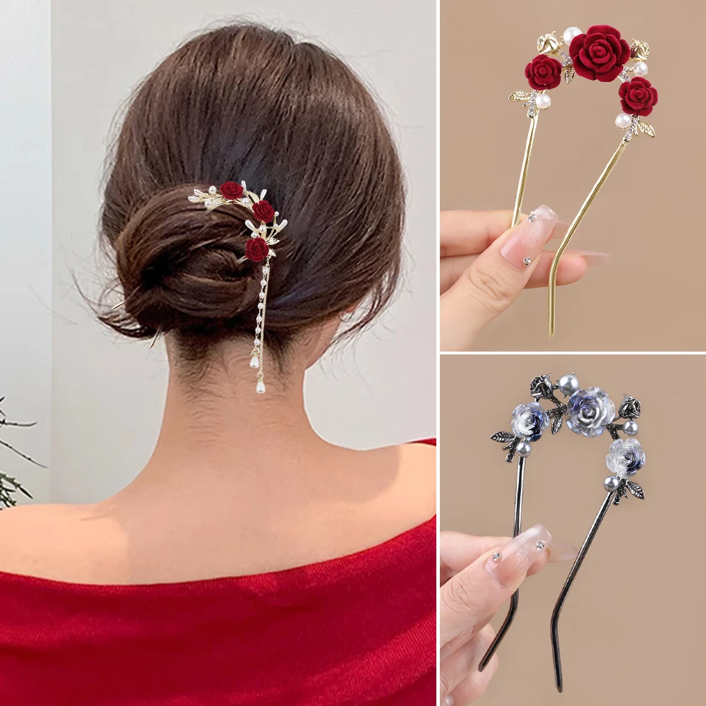 新中式红色玫瑰U型发簪中国风古风旗袍新娘敬酒服发饰中国风饰品