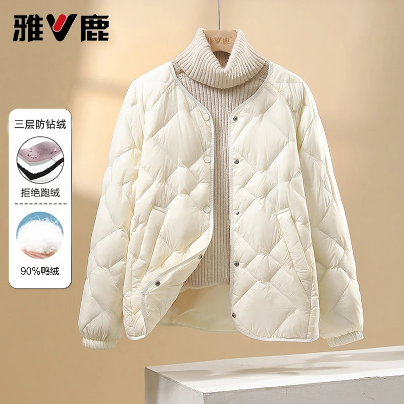 雅鹿2025新款轻薄登山羽绒服女短款百搭休闲保暖韩版圆领秋冬外套