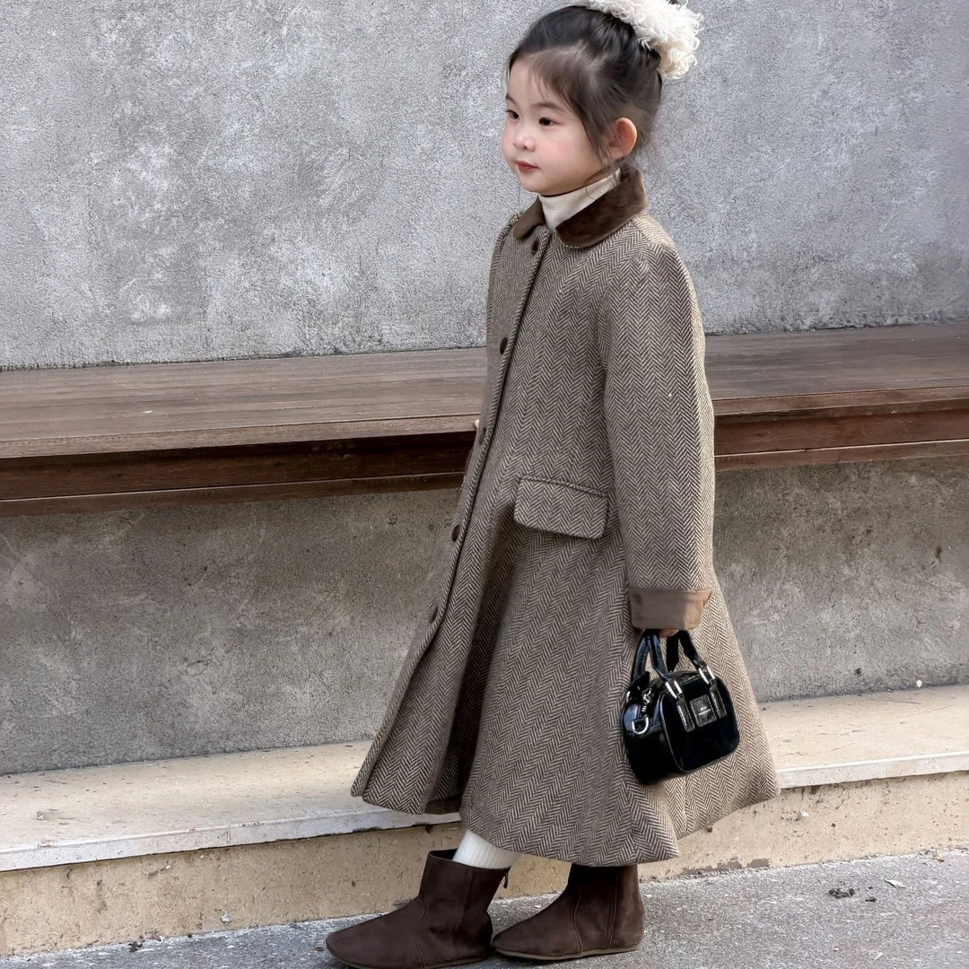 2025冬季新款童装 韩版童装 女童中长款气质小香风呢大衣夹棉大衣