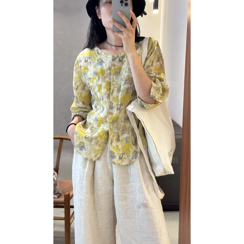 D146-1-夏季苎麻衬衫女七分袖宽松洋气休闲碎花上衣