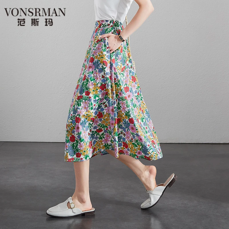 VONSRMAN2025夏季新款时尚气质优雅百搭碎花纯棉显瘦A字半身裙女