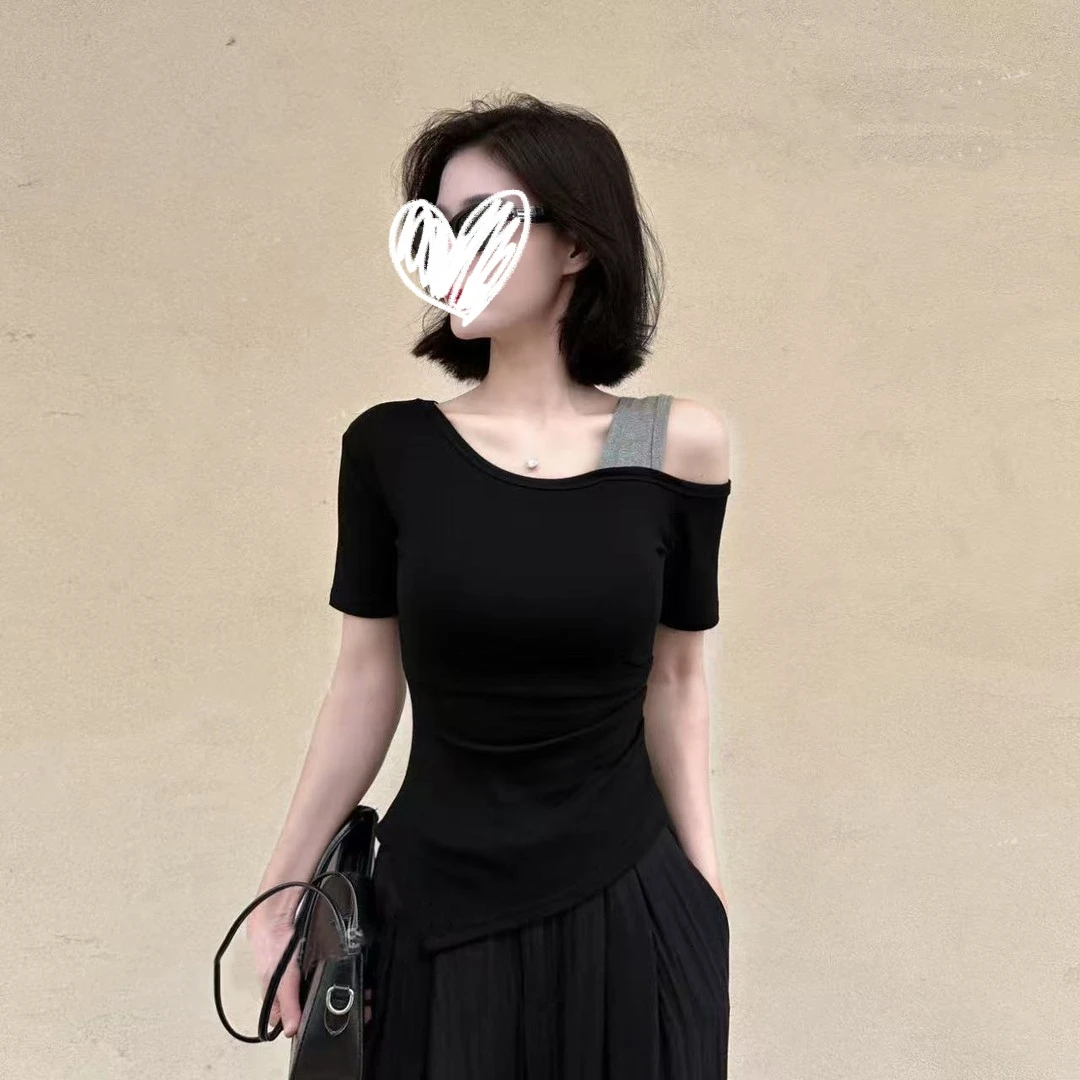 小众气质不规则上衣夏季薄款亲肤柔软露肩修身显瘦短袖恤女