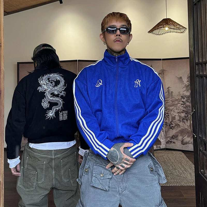 白鹤大人经典三条杠立领龙纹刺绣外套男女国潮风运动时尚百搭夹克