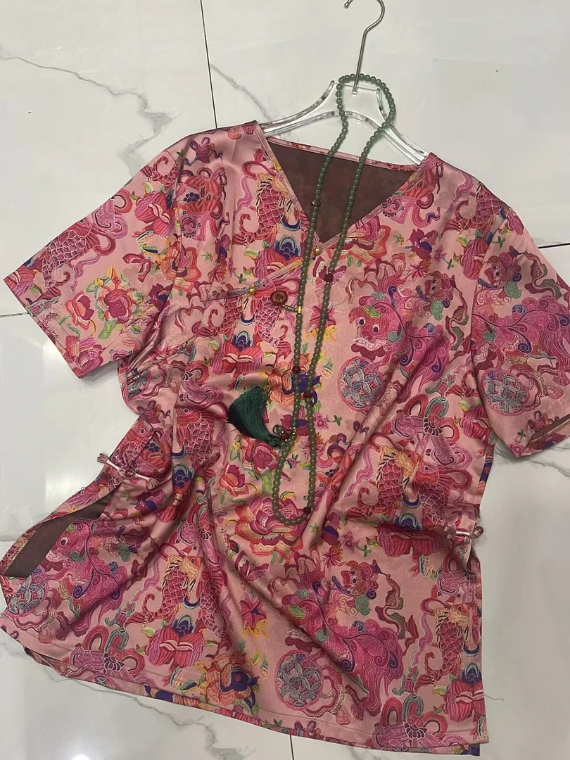 大码新款妈妈装改良旗袍中式夏季短袖衬衫时尚气质复古薄款V领衫