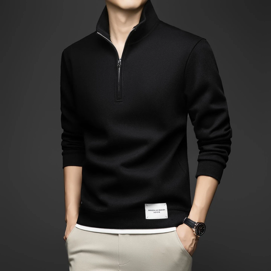 2025秋季新款男士假两件长袖卫衣厚款半拉链立领休闲T恤潮流打底