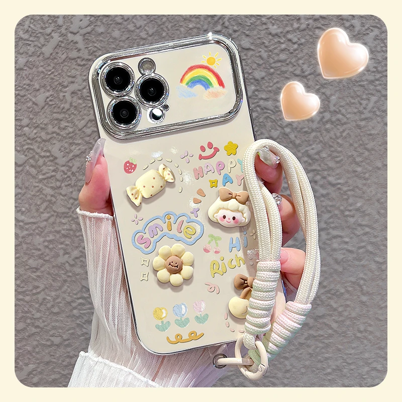 适用【苹果15pro/max】大视窗手机壳彩虹涂鸦全包硅胶女款可爱防摔