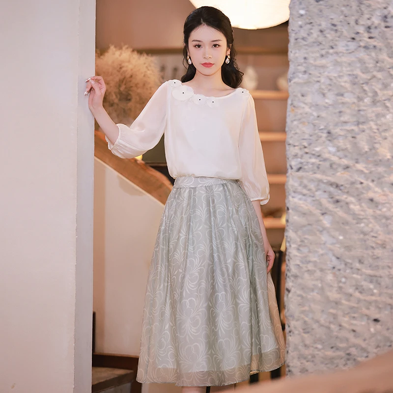 烟花烫新中式国风气质套装春季新款衬衫上衣半身裙 春明明春