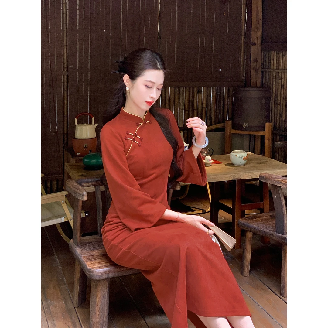 凌茜恣禾【红馆】国风新中式红色暗纹提花修身收腰显瘦旗袍连衣裙