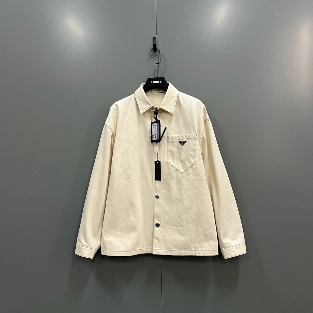 95新 Prada/普拉达 q211 米色三角标牛仔衬衫 XL码/bc012824