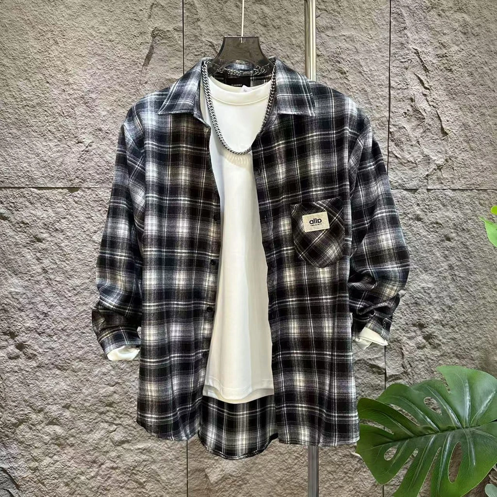 秋季青春流行男常规长袖格子衬衫百搭潮流复古风大码男装宽松百搭