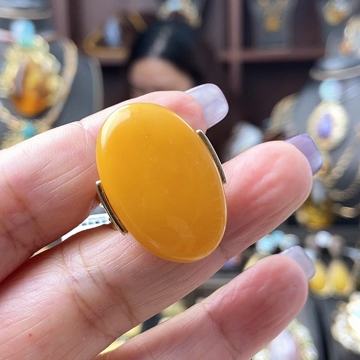 琥珀戒指银S925镶嵌戒指