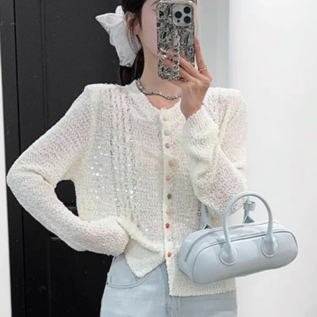 开春穿搭2025高级感轻奢亮片针织开衫女小个子薄毛衣外套漂亮上衣