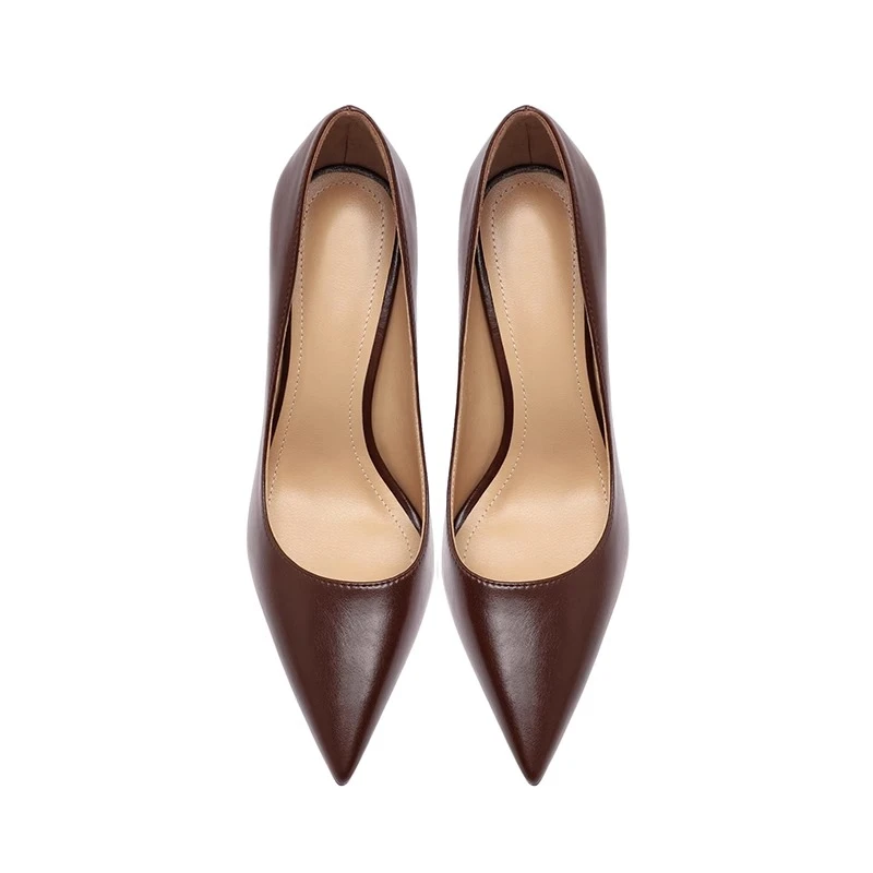 2025年春秋新款牛皮尖头高跟鞋女真皮职业鞋性感御姐细跟舒适单鞋