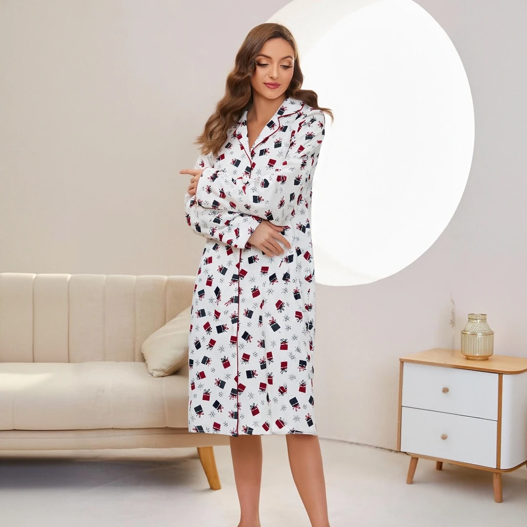 女士全棉磨毛睡裙BB0428中长款长袖睡裙家居裙宽松版保暖舒适