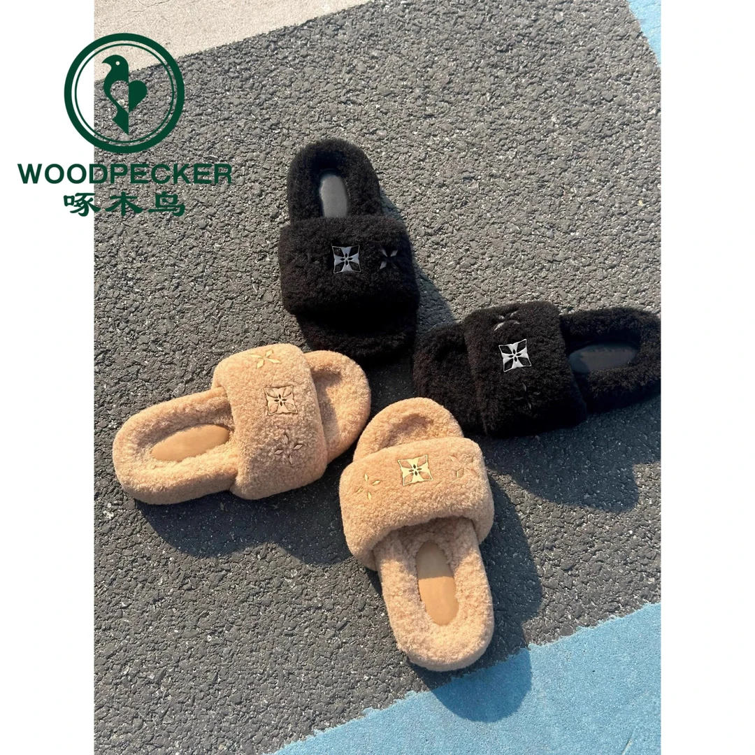 啄木鸟赵露思同款厚底羊羔毛毛拖鞋女2025新款网红一字加绒棉拖女