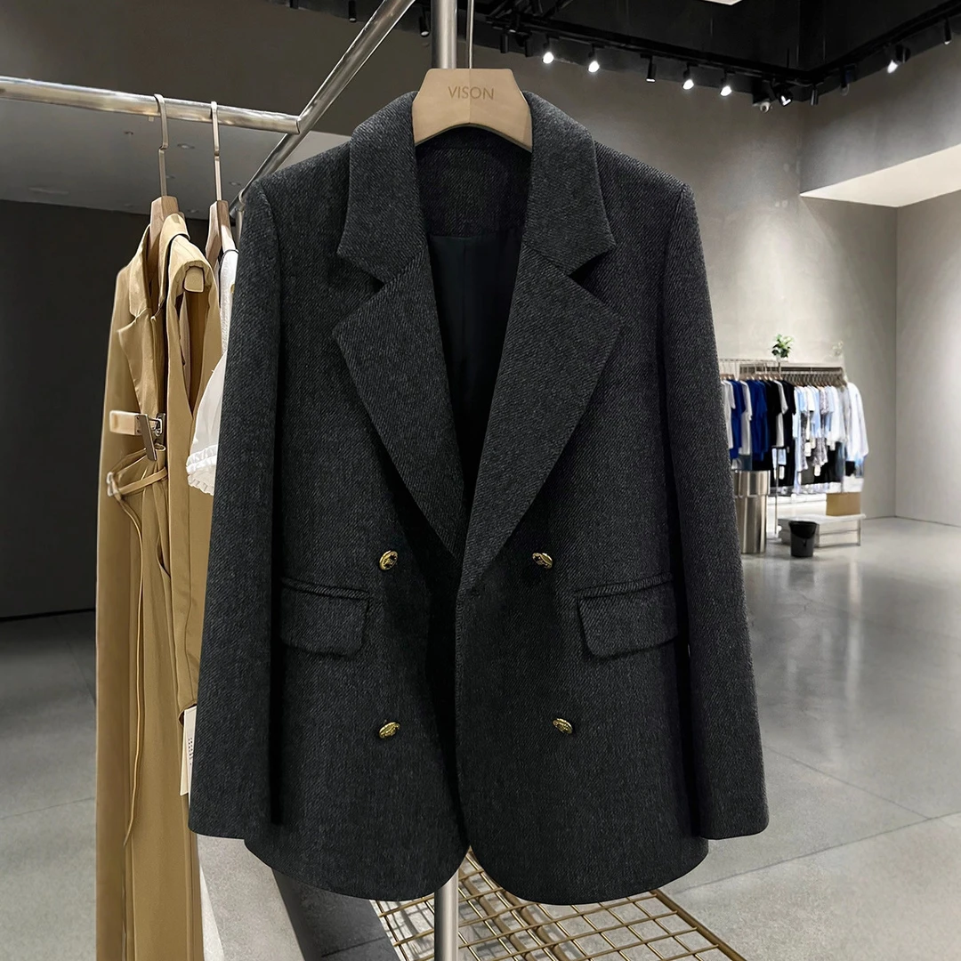 小个子秋冬大码女装西装毛呢外套胖mm显瘦斜纹西服短款呢子大衣女