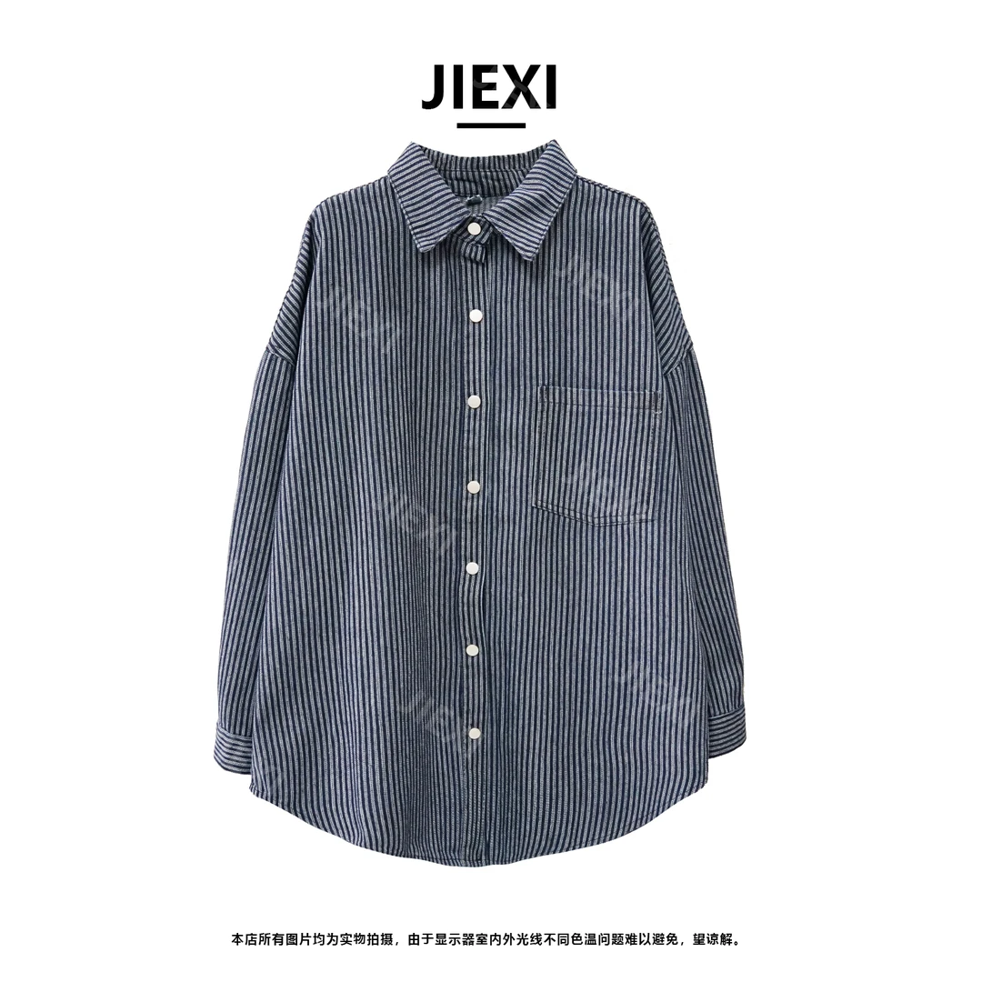 JIEXI设计师大版型韩版重工洗水牛仔条纹百搭宽松衬衫外套jx1151