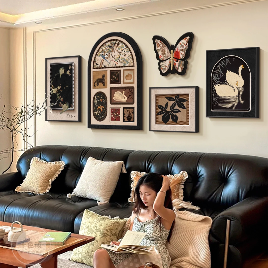 法式中古风蝴蝶客厅装饰画大白墙组合壁画复古艺术沙发背景墙挂画