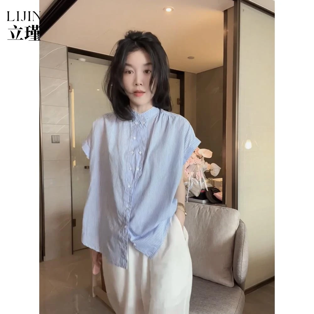 法式条纹短袖立领衬衫女夏天文艺风宽松显瘦衬衣设计感气质小上衣