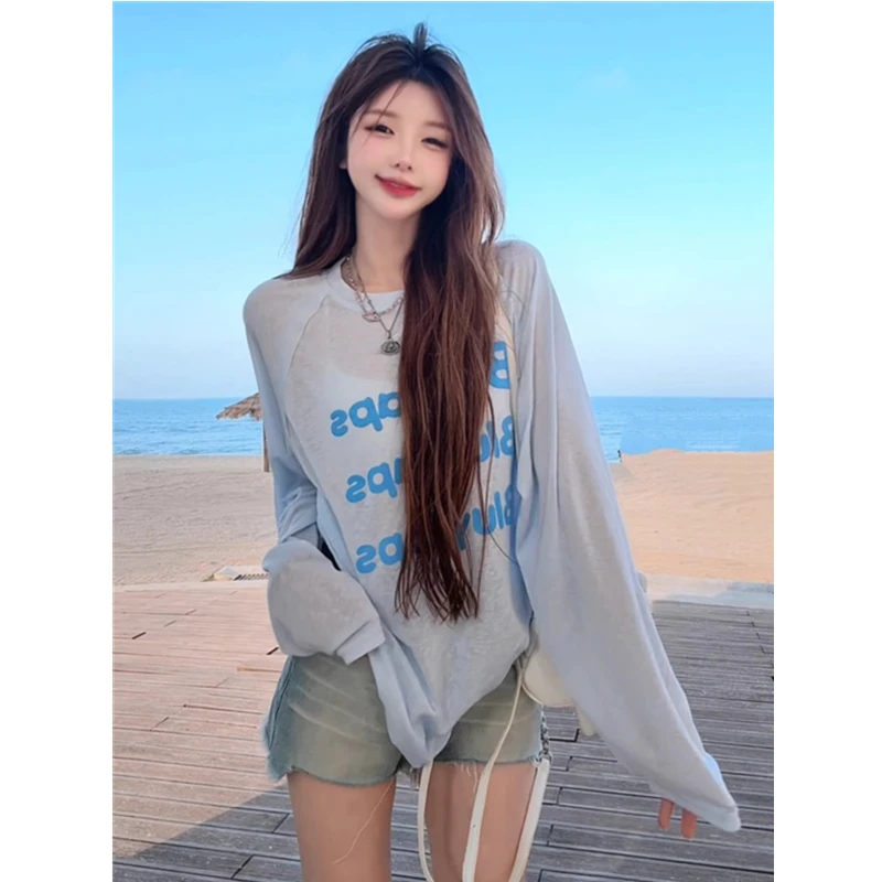 韩版发泡字母印花防晒罩衫长袖T恤女夏季薄款外搭宽松显瘦上衣