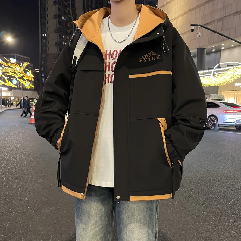 春秋季2025休闲夹克男士韩版潮流拼色宽松连帽工装冲锋衣外套上衣