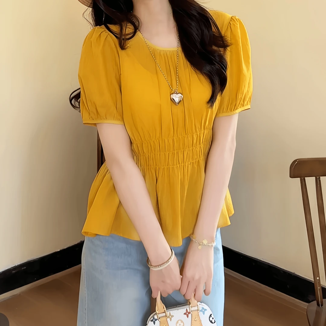 法式显瘦松紧腰短袖衬衫女2025新款设计感短袖衬衣气质时尚百搭