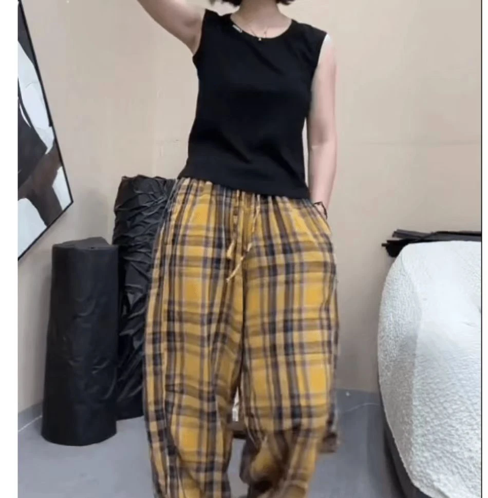 夏季新款圆领无袖上衣休闲百搭格子裤