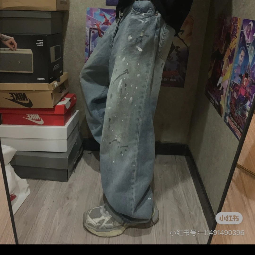 做旧宽松夏季水洗薄款泼墨阔腿裤裤子撞色运动复古直筒牛仔裤
