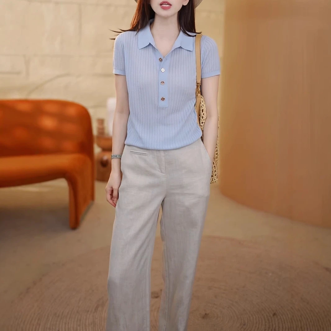 POLO领百搭冰丝薄款针织衫女士t恤短袖夏新款显瘦简约爆款上衣女