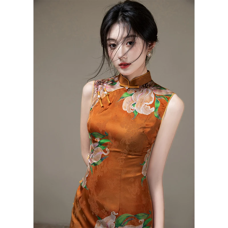 新中式橘色旗袍女中国风提花高级感小众复古优雅气质日常走秀演出