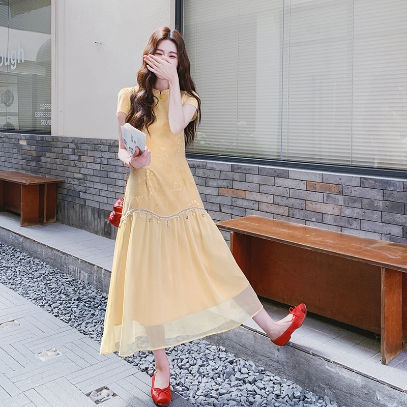 新中式国风复古甜美气质连衣裙女夏季漂亮温柔风黄色网纱拼接裙子